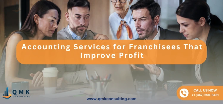 ranchise accounting experts reviewing financial reports with a franchise business owner in a modern office setting.
