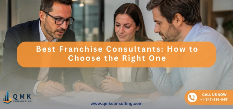 Franchise consultant reviewing financial reports with business owners during a professional office meeting