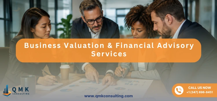 Business valuation experts reviewing financial charts and reports during a professional advisory meeting in a modern office.