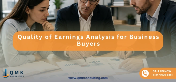 Three financial experts reviewing charts and business performance reports during a quality of earnings analysis meeting.