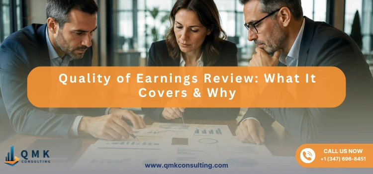 Three financial experts reviewing earnings reports, cash flow charts, and business performance data during a quality of earnings meeting.