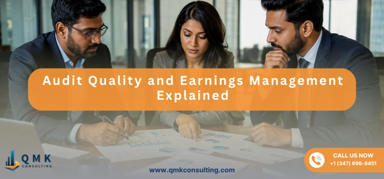 Three accounting professionals reviewing financial reports, charts, and audit documents during a meeting in a modern office.