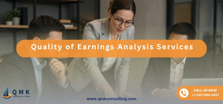 Financial experts reviewing charts and business performance during a quality of earnings analysis meeting.