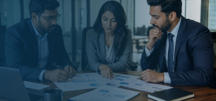 Three accounting professionals reviewing financial reports, charts, and audit documents during a meeting in a modern office.
