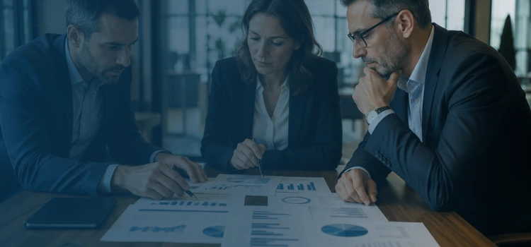Three financial experts reviewing earnings reports, cash flow charts, and business performance data during a quality of earnings meeting.
