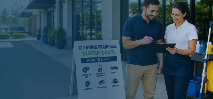 Two cleaning franchise professionals reviewing startup costs beside cleaning equipment outside a commercial building.