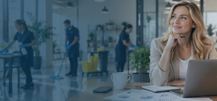 Woman reviewing cleaning franchise financials while a professional cleaning team works in a modern commercial space.