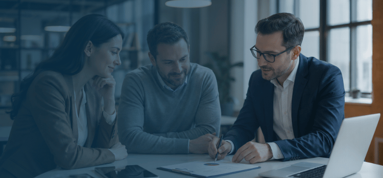 Franchise consultants reviewing financial charts with entrepreneurs in a modern office
