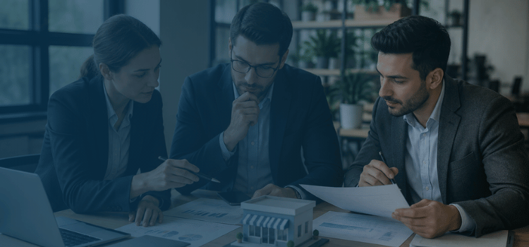 Franchise consultants reviewing startup cost documents and financial charts with a small business model on a meeting table.