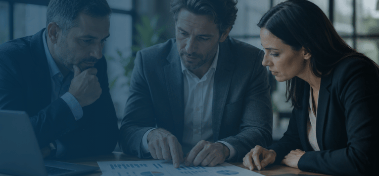 Business valuation experts reviewing financial charts and company sale documents during a professional office meeting.
